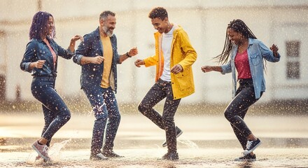 Four people dancing joyfully in the rain, splashing water and laughing. They are dressed in casual clothing and enjoying the moment.