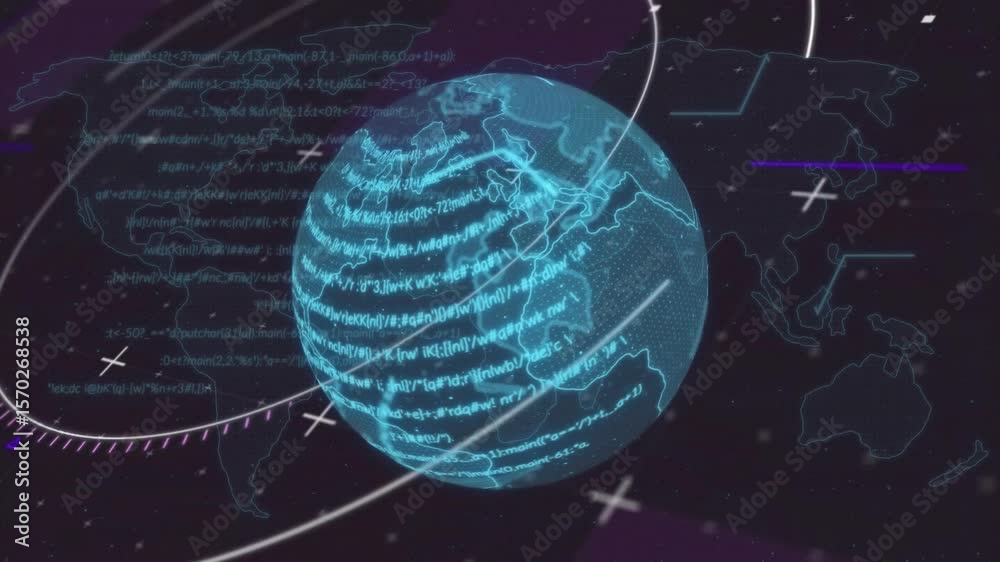 Poster code streams causing rotation and wrapping blue globe in glowing data bands to show global flow