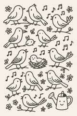 Obraz premium Springtime Bird Song: Cute Doodle Illustration with Birds, Flowers, and Music