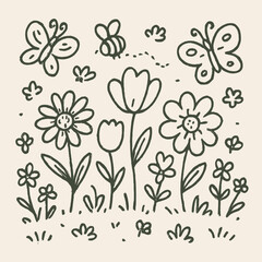 Whimsical Garden Doodle: Hand-Drawn Flowers, Butterflies, and a Buzzing Bee