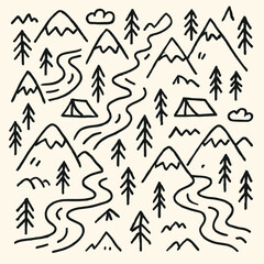 Outdoor Adventure Hand-Drawn Pattern with Mountains and Camping