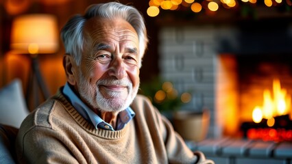 Smiling senior man relaxing by fireplace at home