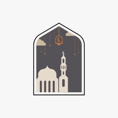 Ramadan Eid Mubarak post art with Boho arch. Modern Islamic pattern. Card with Arabian mosque towers and moon. Religious holiday. Night landscape