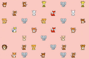 Adorable Cartoon Animal Seamless Pattern: Pink Background, Cute Kittens, Lions, Elephants, and Giraffes.