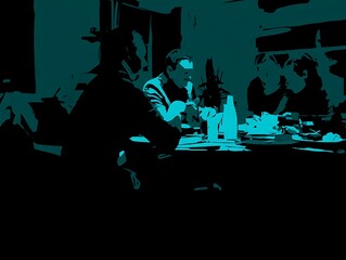 Group of people seated around a table, stylized illustration.