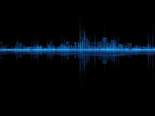 Abstract cityscape design with blue lines on a dark background.