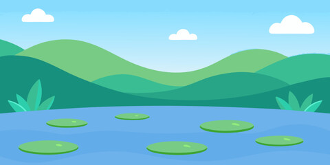 Landscape with mountains, river, green grass, and blue sky, a perfect summer nature illustration