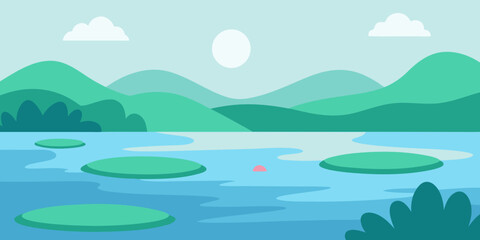 Tropical island vector illustration featuring a vibrant summer landscape with a blue ocean, green mountains, and a bright sky with fluffy clouds