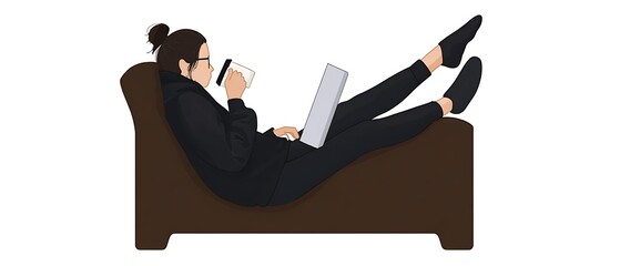 Relaxed person working on a laptop while enjoying a coffee on a couch.