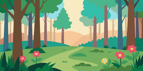 Vector spring city landscape with green trees, flowers, and buildings under a sky