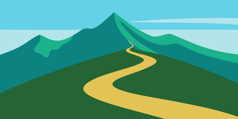 A winding road through green mountain landscapes under a blue sky with fluffy clouds