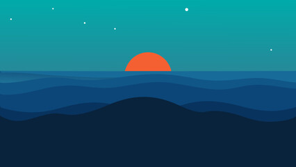Sunset mountain and sea vector landscape with clouds
