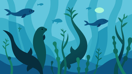 Naklejka premium Ocean Depths Underwater Life and Aquatic Plants Illustration