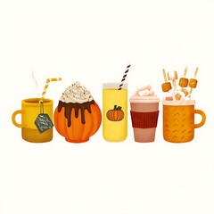 Autumn beverages in a variety of warm colors.
