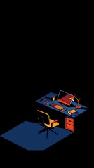 An isometric illustration of a dark workspace.