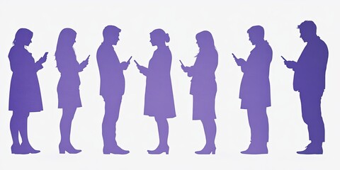 Silhouette of people with smartphones. A group of individuals connected through technology. Modern lifestyle displayed against a white background. Emphasizes digital communication and connection.