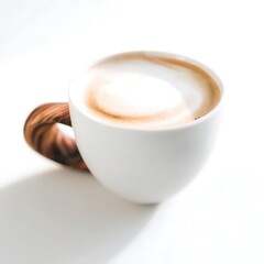 A ceramic coffee cup with a latte art design.