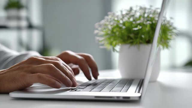Close-up of hands typing on a laptop keyboard with a potted plant in the background