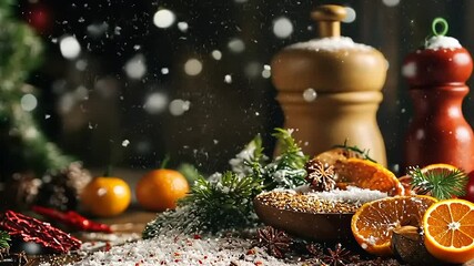 Festive kitchen scene with spices, oranges, and snowflakes creating a cozy atmosphere
