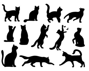 Collection of cat silhouettes set, cat icons in various poses, black color, isolated on white background
