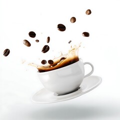Coffee beans splash into a white cup.