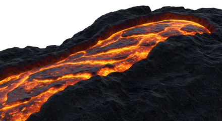 hot lava flow isolated, glowing magma texture, fiery volcanic element on white or transparent background, high quality PNG
