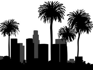 Silhouette of city buildings and palm trees.