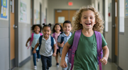 Group of Young Children Running in School Hallway