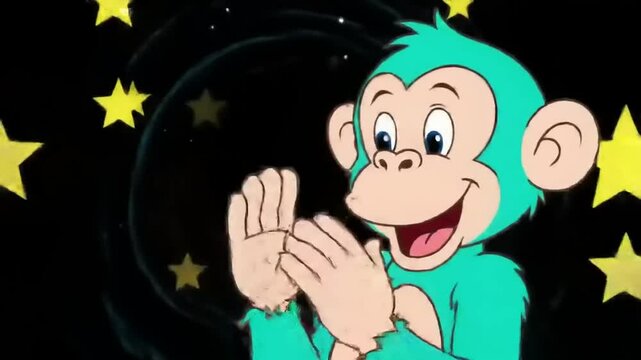 Teal monkey clapping with starry background.