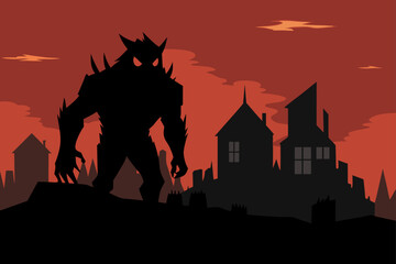 Spooky Halloween castle at night with a dragon silhouette perched on the roof and bats flying under a full moon, a dark, haunted illustration for your holiday horror
