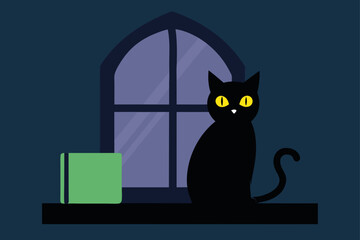 Black cat silhouette on window, a cute Halloween pet cartoon vector illustration