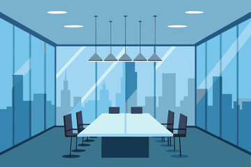 Modern office interior design in a glass building with urban architecture