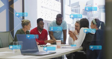 Coworkers tapping phone and floating rising social media badges, tracking growth for campaign - Powered by Adobe