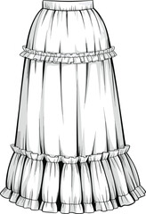 Bohemian Tiered Maxi Skirt Fashion Flat Sketch with Ruffled Panels, Ideal for Casual Summer Wear and Resort Collections