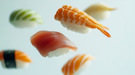 Capture a stunning, realistic image of floating sushi pieces against a pristine white background, showcasing their vibrant colors and delicate textures in a serene and minimalistic composition