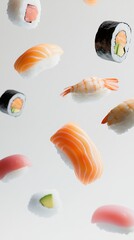 Capture a stunning, realistic image of floating sushi pieces against a pristine white background, showcasing their vibrant colors and delicate textures in a serene and minimalistic composition