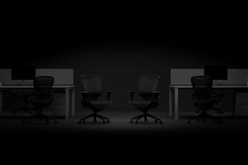 Empty office cubicles in low light.