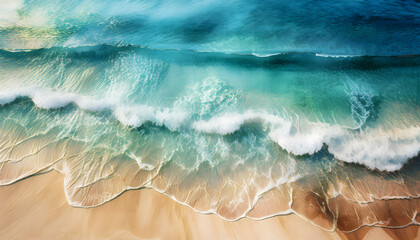 Obraz premium An aerial view captures the mesmerizing turquoise and blue ocean waves crashing onto a pristine sandy beach
