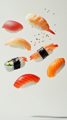 Capture a stunning, realistic image of floating sushi pieces against a pristine white background, showcasing their vibrant colors and delicate textures in a serene and minimalistic composition