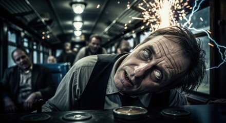 Fototapeta premium Frightened male on dark train with sparks and lightning