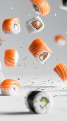 Capture a stunning, realistic image of floating sushi pieces against a pristine white background, showcasing their vibrant colors and delicate textures in a serene and minimalistic composition