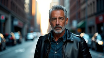 Obraz premium Man in leather jacket on urban city street