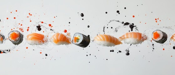 Capture a stunning, realistic image of floating sushi pieces against a pristine white background, showcasing their vibrant colors and delicate textures in a serene and minimalistic composition