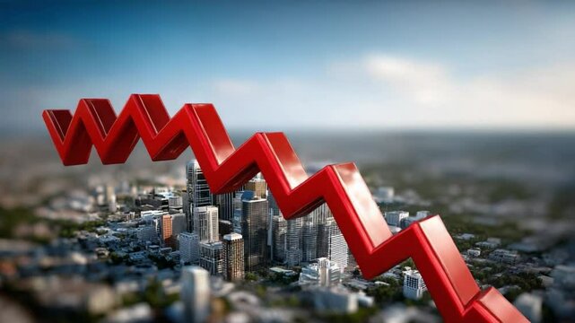 Economic downturn and Decline: The symbolic visual of a dramatic red arrow plunging downward, superimposed over an urban landscape, depicts the unsettling reality of an economic recession.