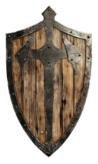 A Medieval Wooden Shield With A Metal Frame And A Sword Design The Shield Is Worn And Battle-scarred With A Few Chipped And Broken Areas On The Wooden Surface