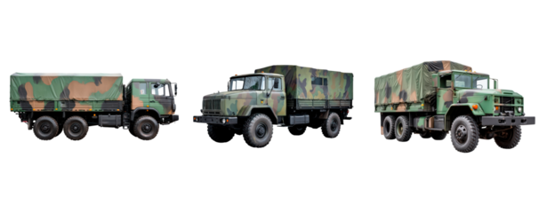 Military cargo trucks in camouflage for transport and logistics on transparent background, PNG	