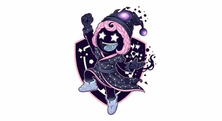 Fototapeta premium A whimsical cartoon character with star eyes and a night sky outfit, jumping.
