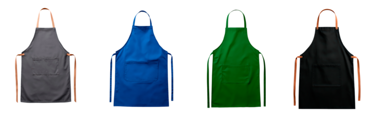 Colorful apron collection for cooking and kitchen use on transparent background, PNG	