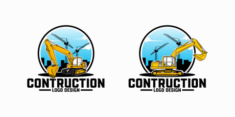 excavator Logo with crane and building designs template, heavy equipment construction - earth mover logo vector