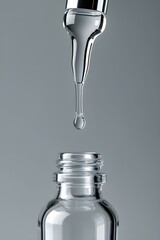 AI Generative. Clear Dropper Dispensing Liquid from Glass Bottle - Skincare or Science Concept. 1
